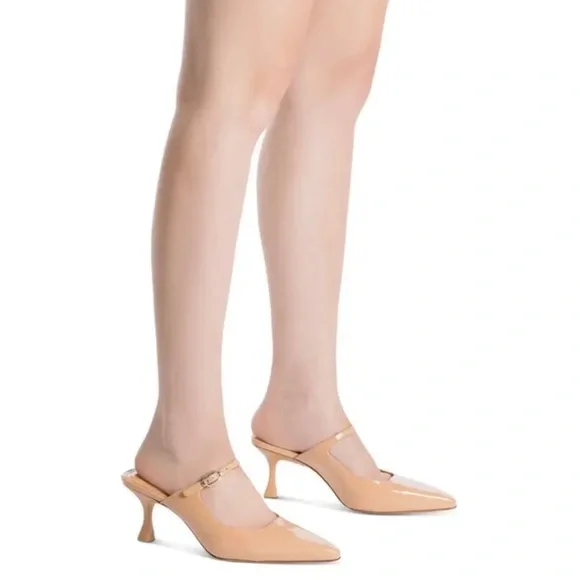 Larroude Ines Pointed Toe High Heel Patent Leather Mules in Tan Size 8 NIB - Picture 5 of 11